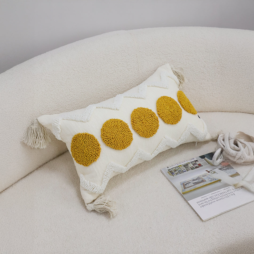 SOGA 30cm Cream Yellow Circle Pom Chevron Tassel Decorative Pillow