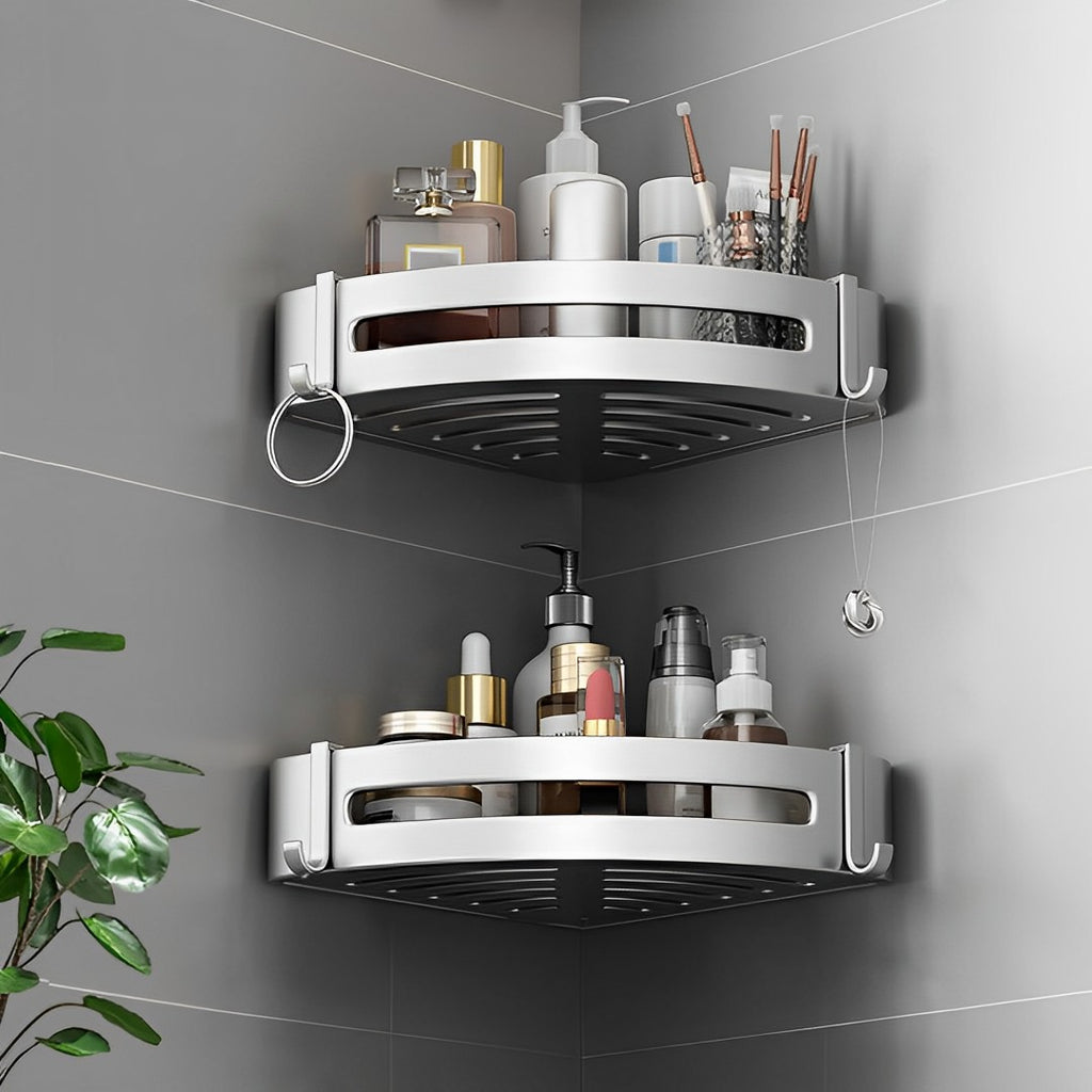Silver Wall-Mounted Triangular Bathroom Storage Rack with Hooks