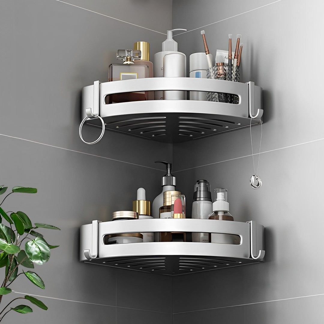 Silver Wall-Mounted Triangular Bathroom Storage Rack with Hooks
