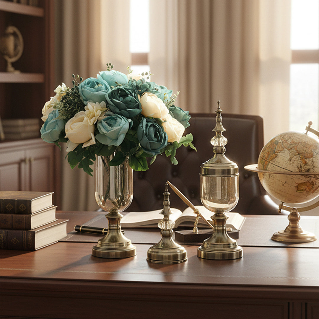 2x Clear Bronze Glass Vase with Lid and Blue Flower Set