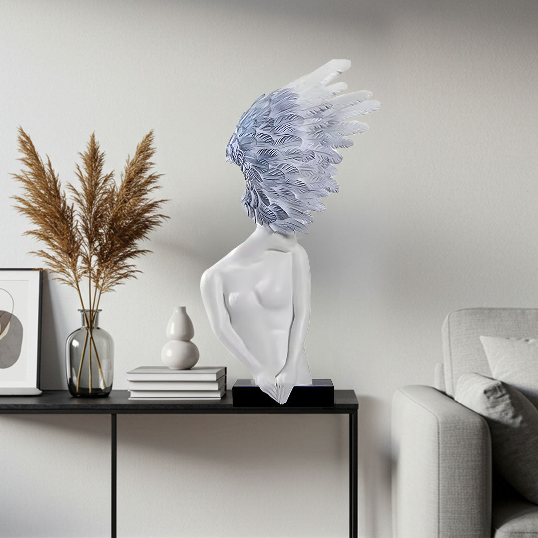 SOGA 86cm White Blue Winged Figure Sculpture with Marble Base