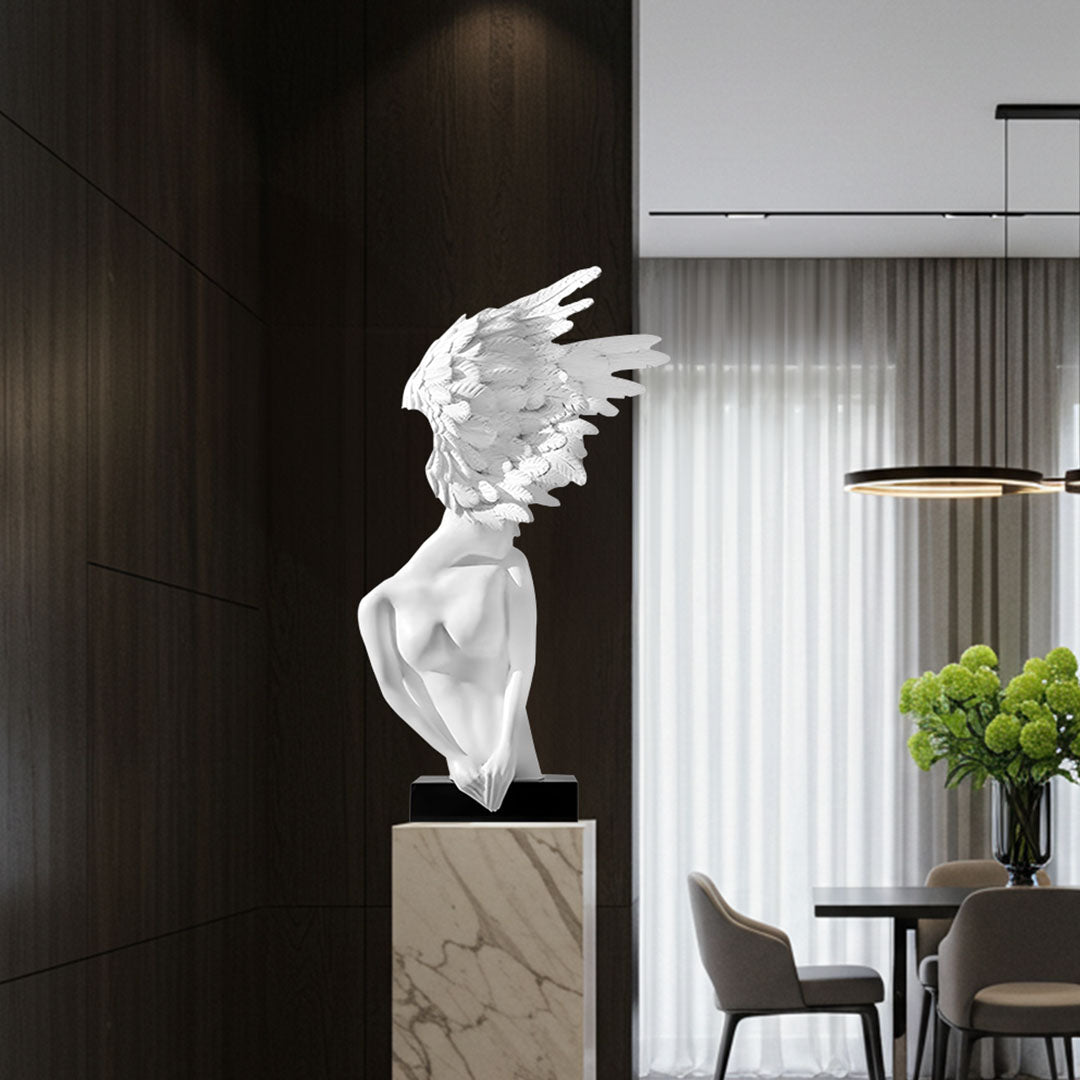 SOGA 86cm White Winged Figure Sculpture with Marble Base