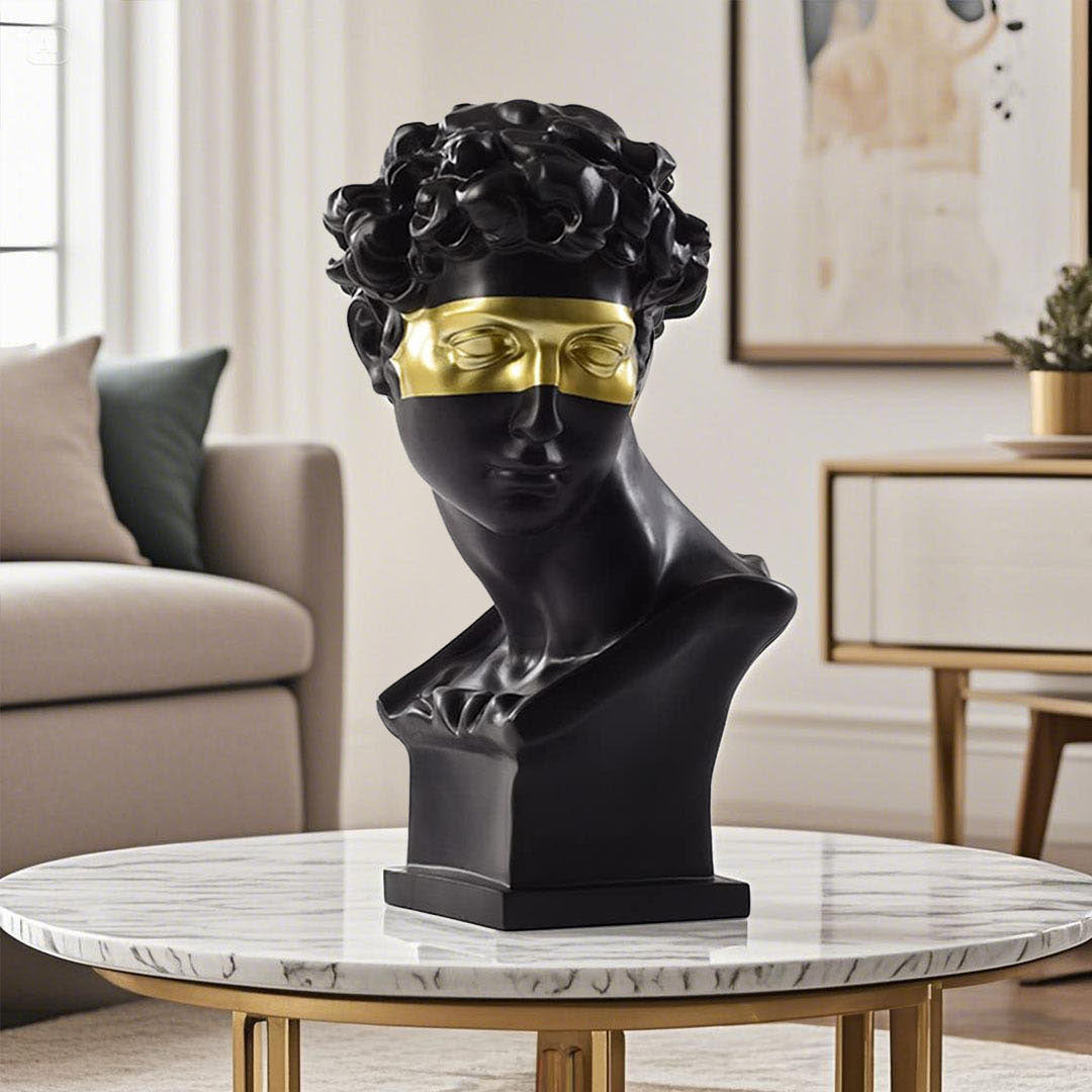 SOGA 56cm Black Resin Bust Sculpture Gold Masked Design Modern Art for Home Décor