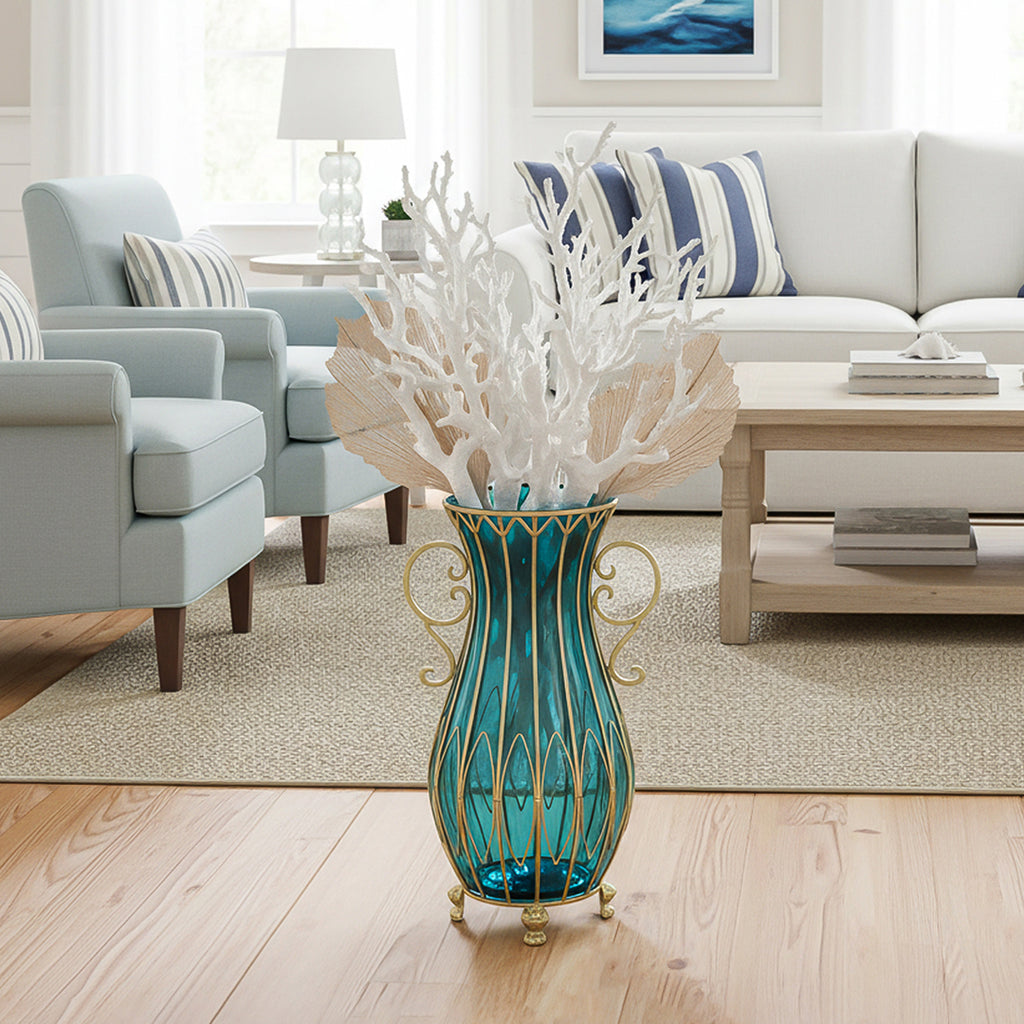 51cm Blue Glass Floor Vase with Metal Stand