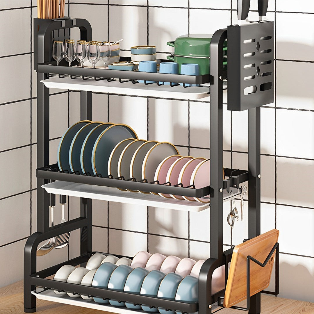 3 Tier Steel Black Kitchen Drying Rack Dish 62cm
