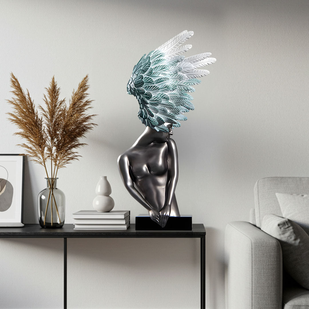 SOGA 86cm Silver Winged Figure Sculpture with Marble Base
