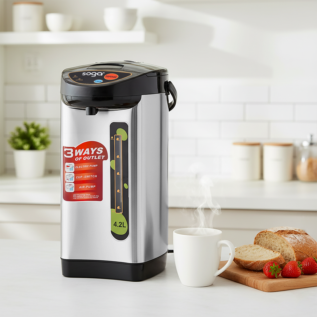 SOGA 2X 4.2L Silver Stainless Steel Electric Thermal Pot Dispenser with 3 Dispensing Modes