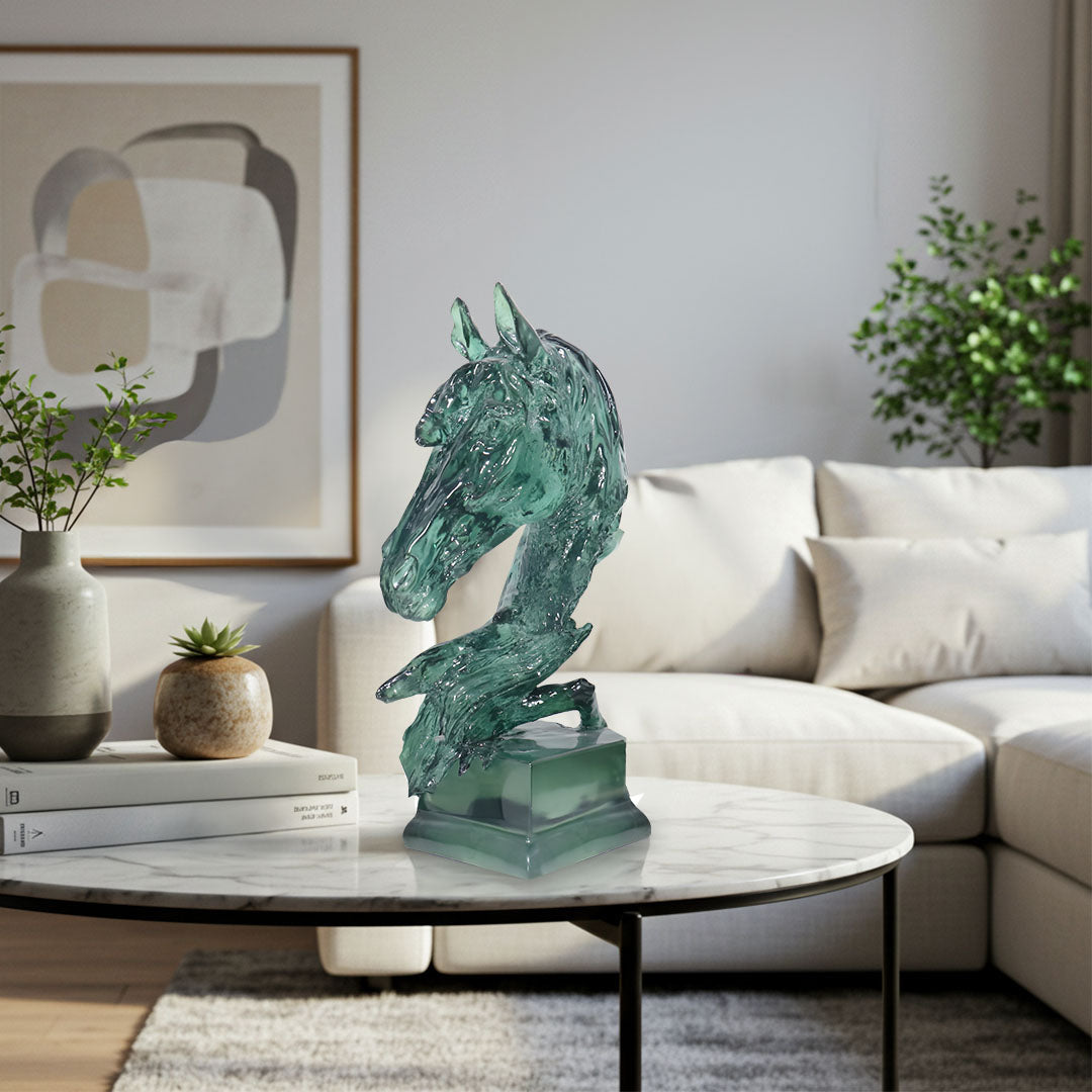 SOGA 37cm Green Horse Head Resin Sculpture Flowing Mane Design Modern Art for Home Décor