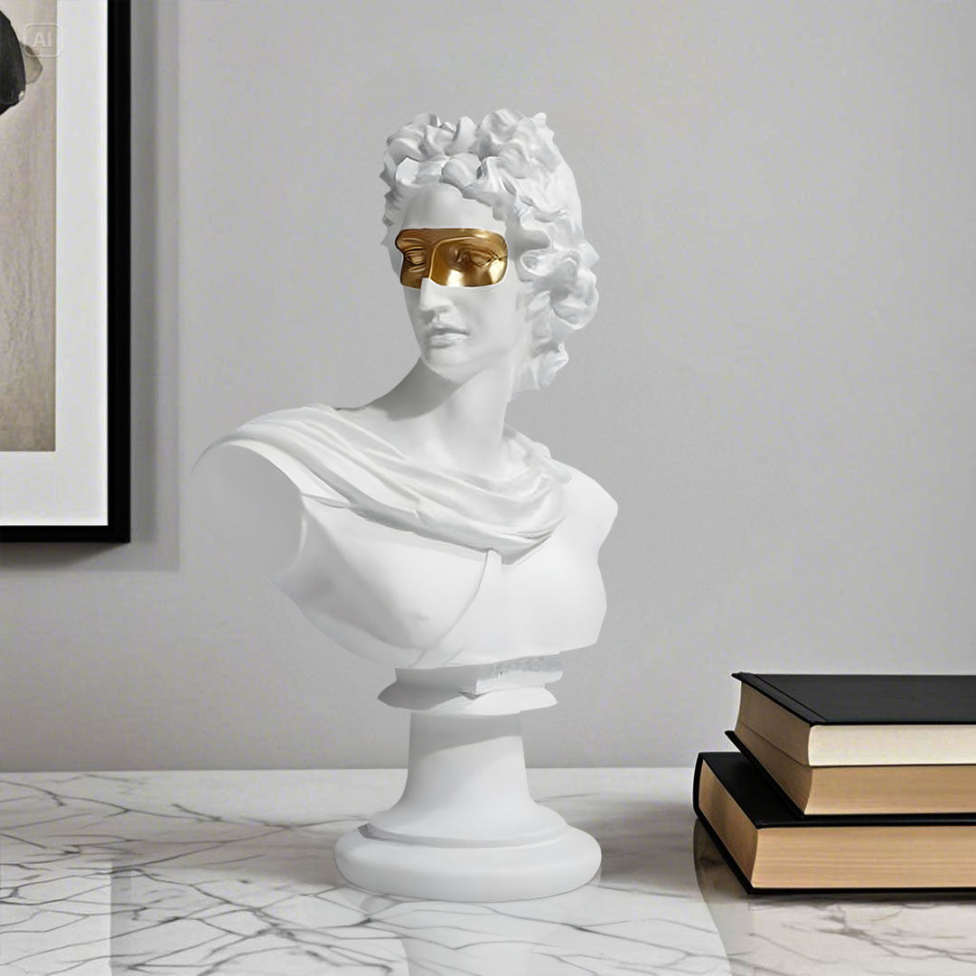 SOGA 40cm White Classical Bust Resin Sculpture with Gold Eye Mask for Modern Home Décor