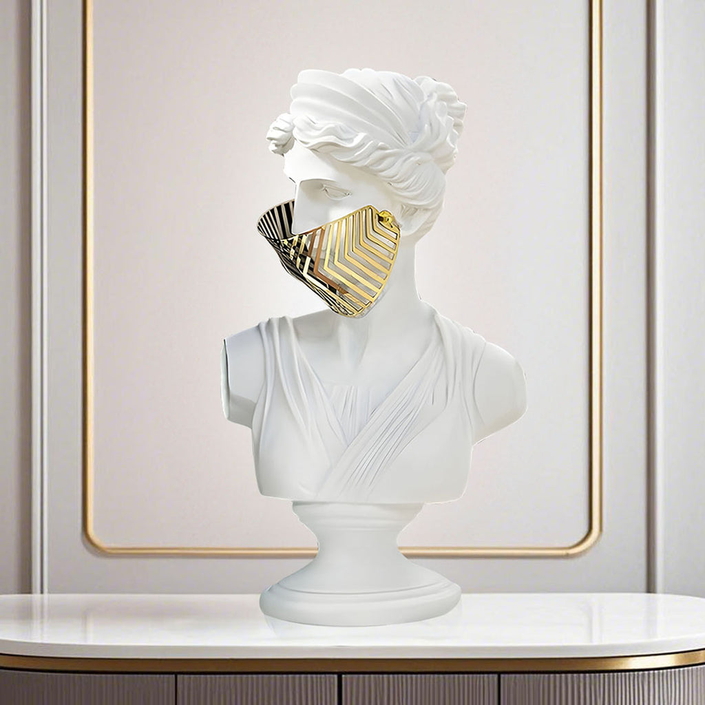 SOGA 40cm White Classical Bust Sculpture Resin with Gold Striped Mask for Modern Home Décor