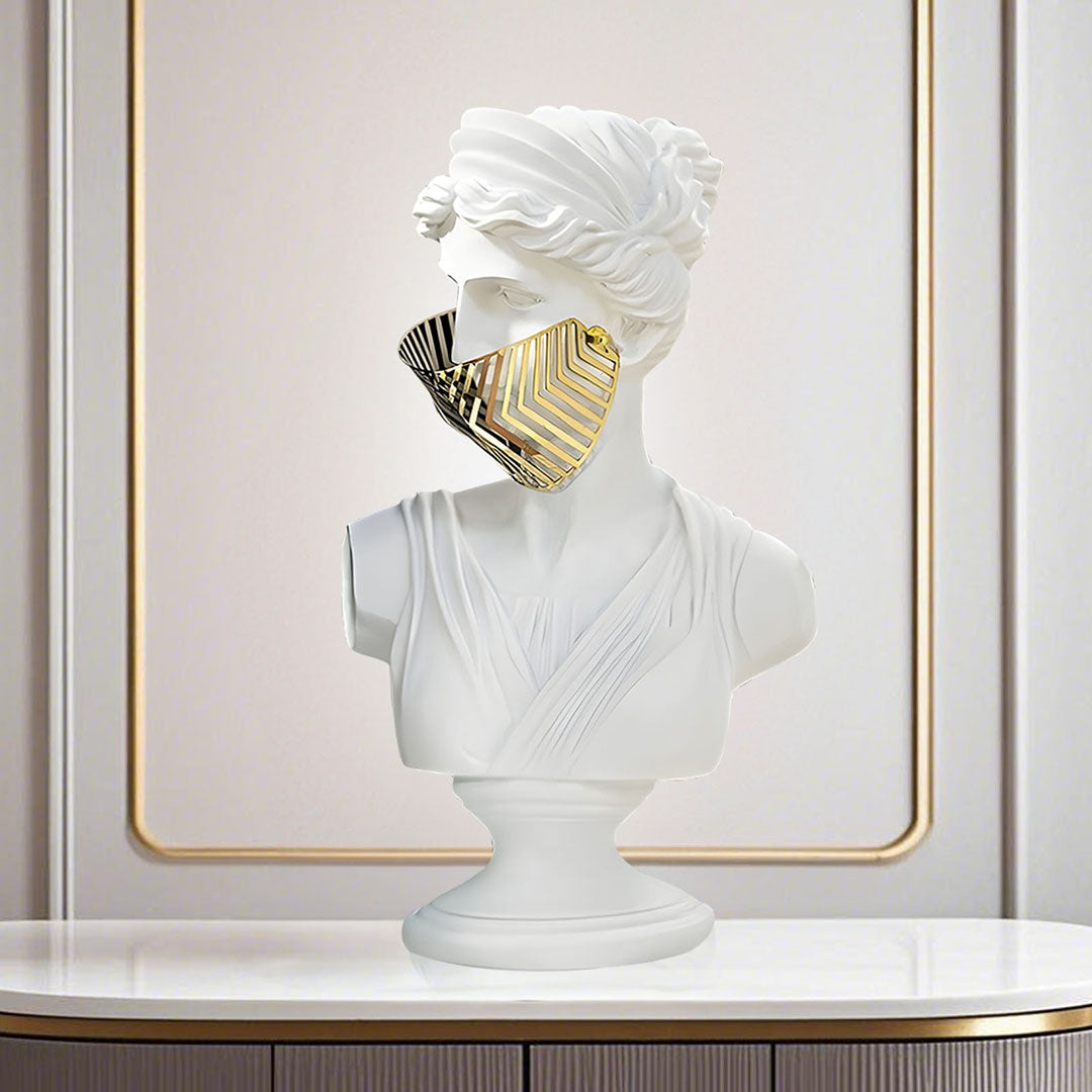 SOGA 40cm White Classical Bust Sculpture Resin with Gold Striped Mask for Modern Home Décor