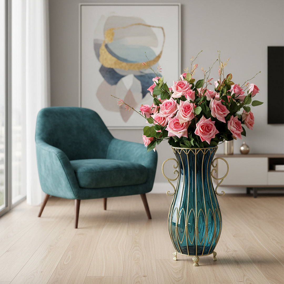 51cm Blue Glass Floor Vase with 12pcs Pink Artificial Flower Set