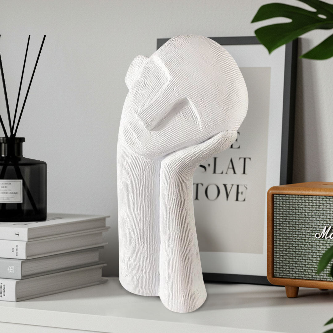 SOGA 38cm White Minimalist Head Resin Sculpture with Hand at Side and Linear Texture for Home Décor