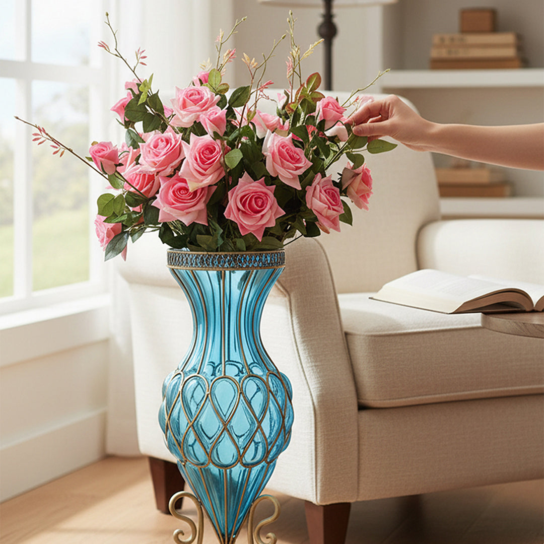 67cm Blue Glass Floor Vase and 12pcs Pink Artificial Flower Set