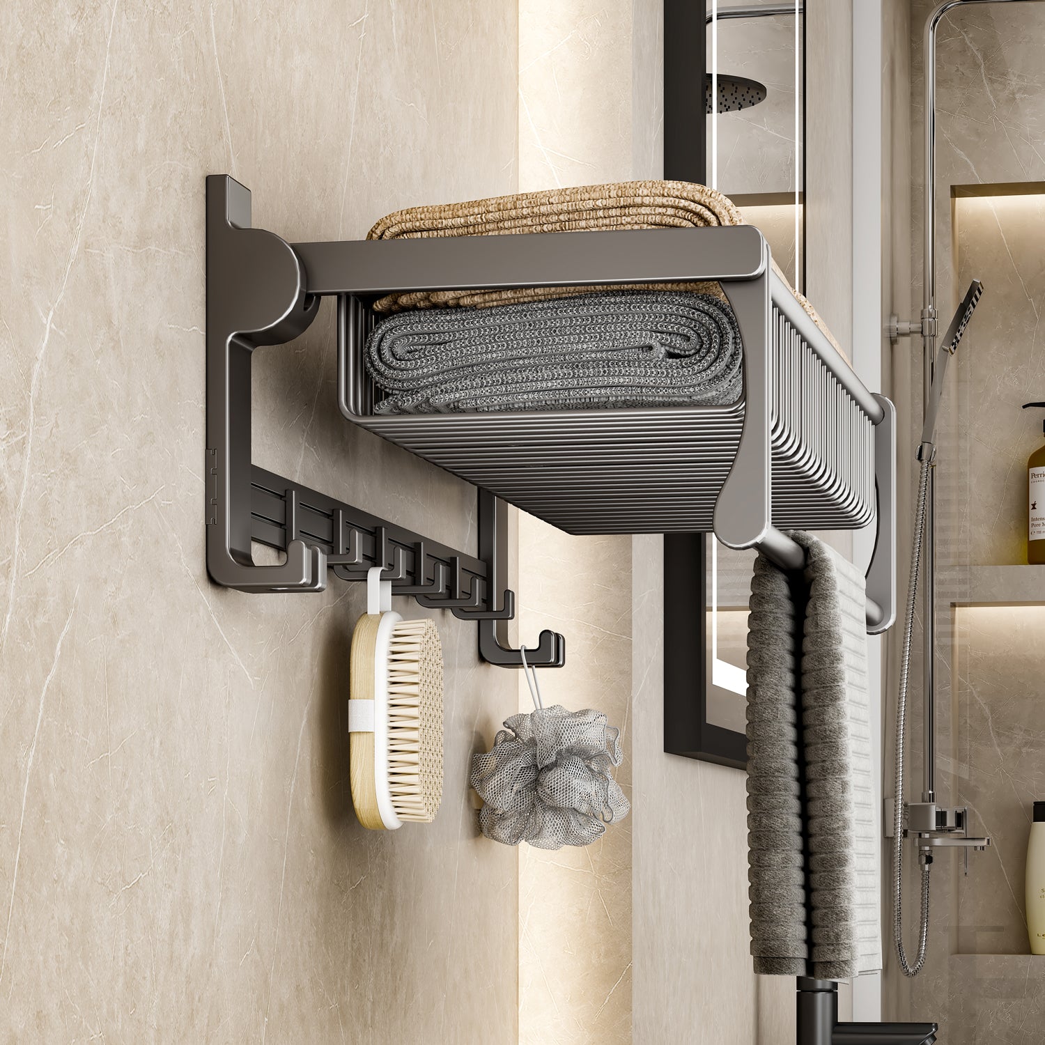 61cm Gray Wall-Mounted Double Pole Towel Holder with Hooks