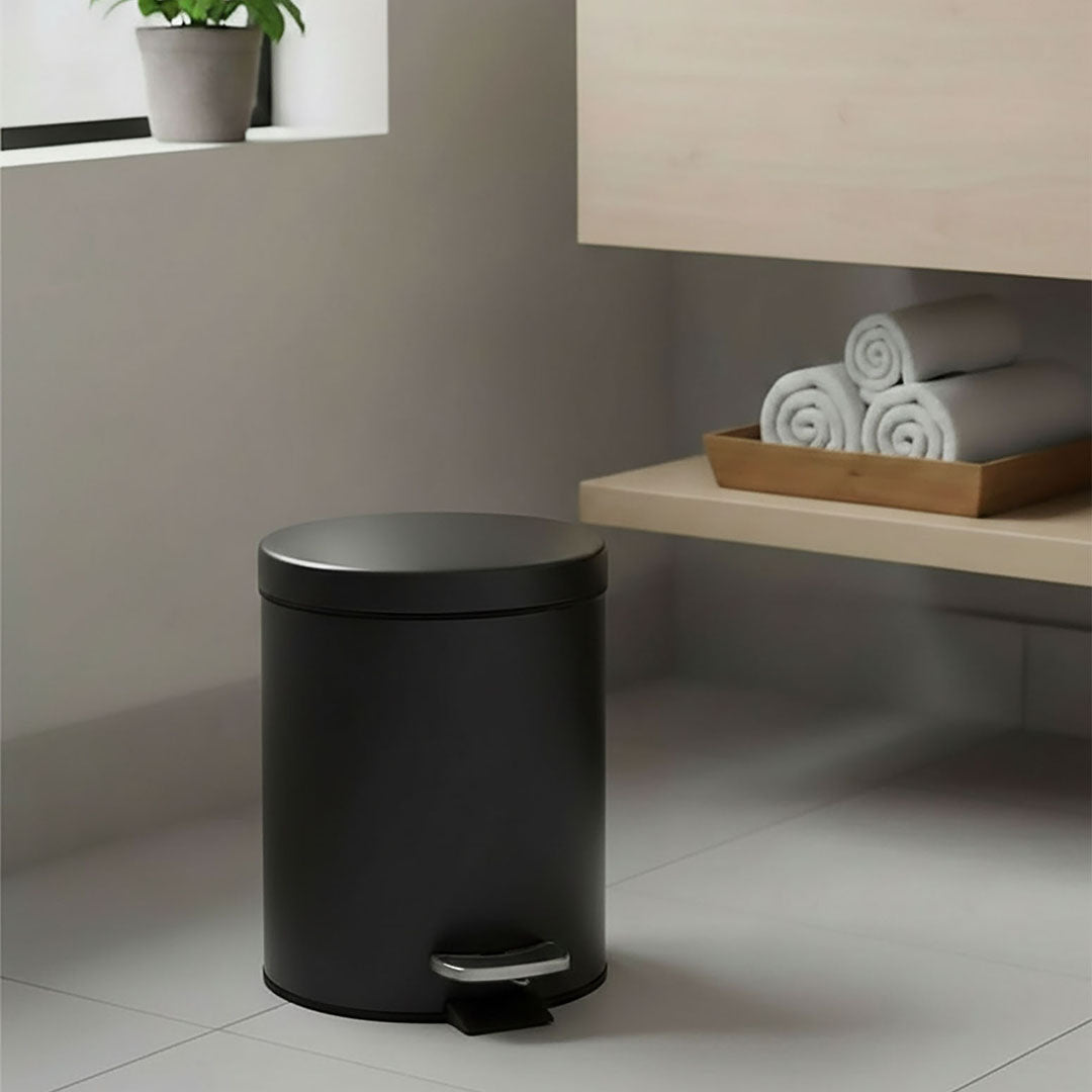 Foot Pedal Stainless Steel Trash Bin Round 12L Black