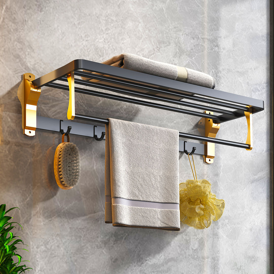 63cm Wall-Mounted Double Pole Towel Holder with Hooks
