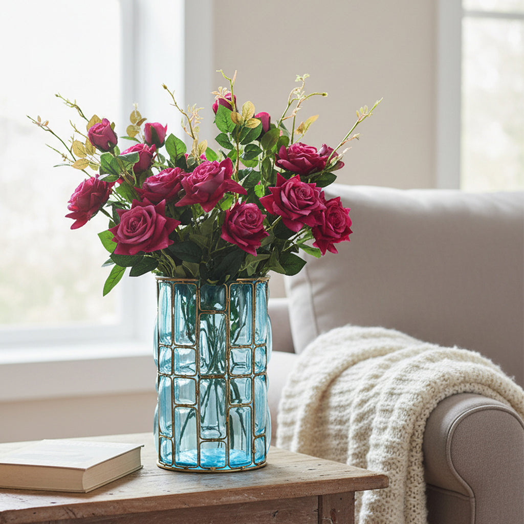 Blue Glass Cylinder Flower Vase with 8 Bunch 5 Heads Artificial Silk Rose Set