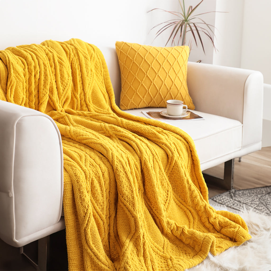 SOGA 200x230cm Throw Blanket Yellow and White Chenille Fleece Knitted Fabric