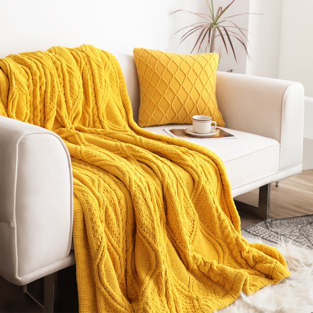SOGA 200x230cm Throw Blanket Yellow and White Chenille Fleece Knitted Fabric