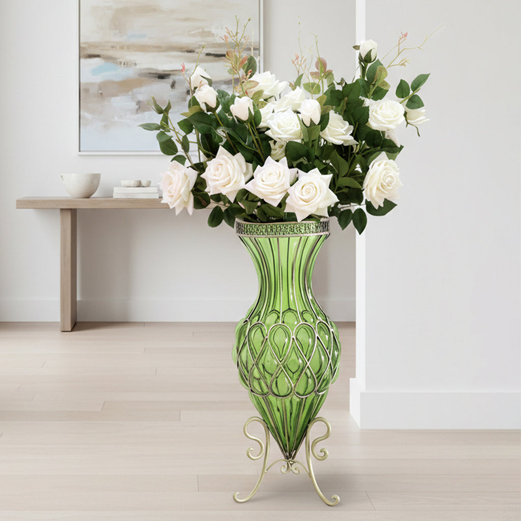 67cm Green Glass Floor Vase and 12pcs White Artificial Flower Set