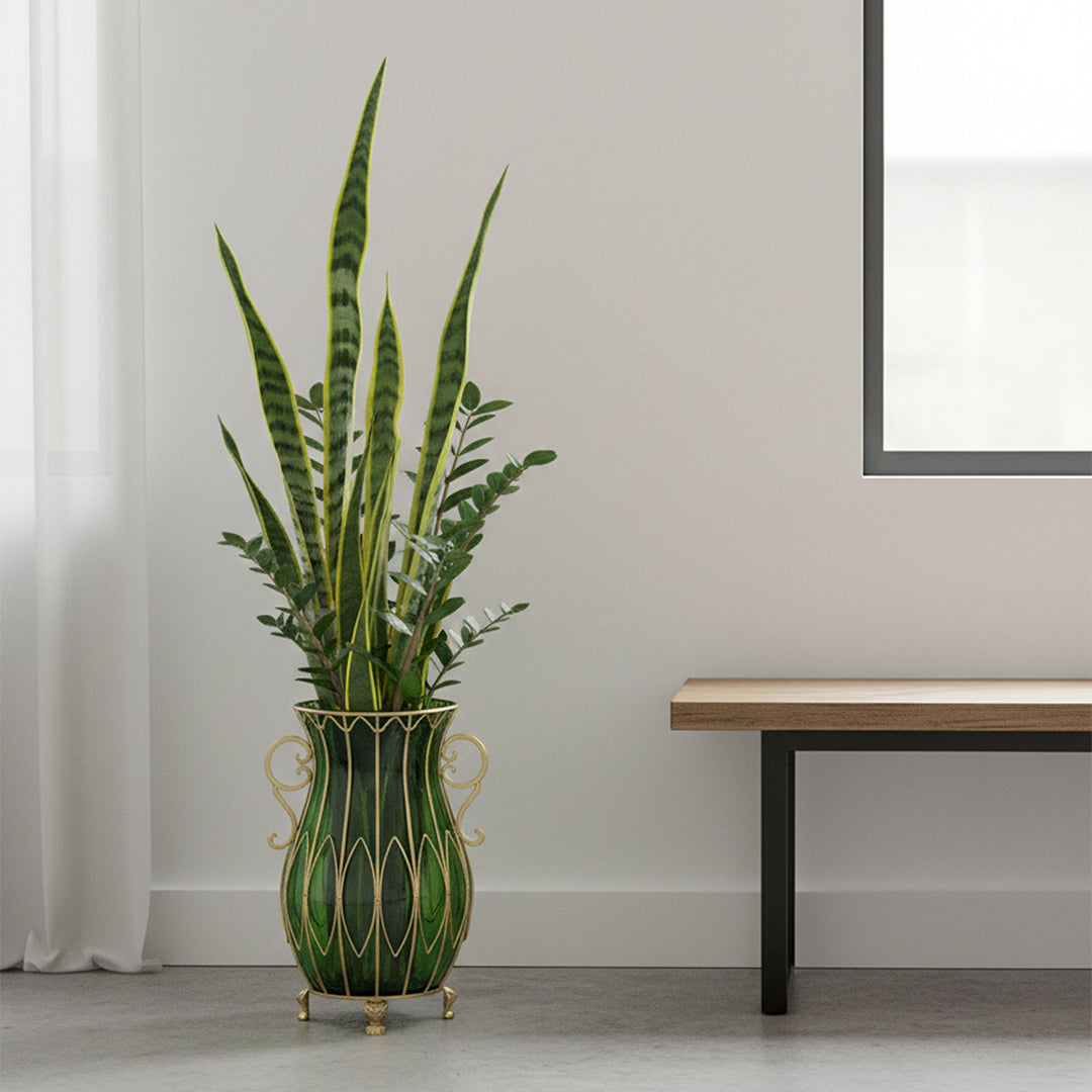 51cm Green Glass Floor Vase with Metal Stand