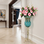 85cm Blue Glass Floor Vase and 12pcs Pink Artificial Flower Set