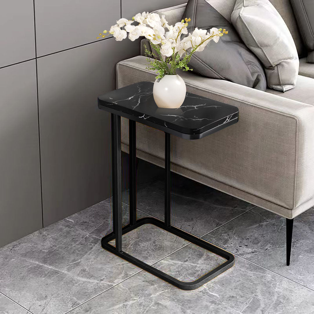 30x50cm Black Stone-Patterned Side Square Mini Table w/ Black Metal Legs