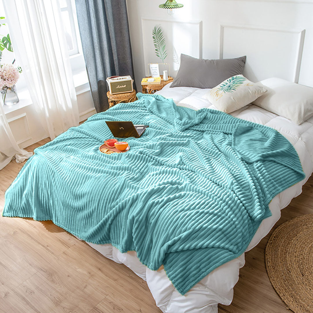 Sky Blue Throw Blanket Warm Cozy Striped Pattern Thin Flannel Coverlet