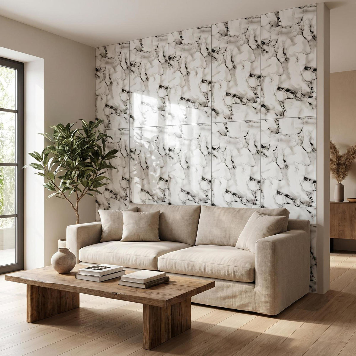 SOGA Peel & Stick Floor and Wall Tiles 30 x 60cm 10 Pack Black White Faux Marble