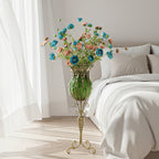 85cm Green Glass Floor Vase and 12pcs Blue Artificial Flower Set