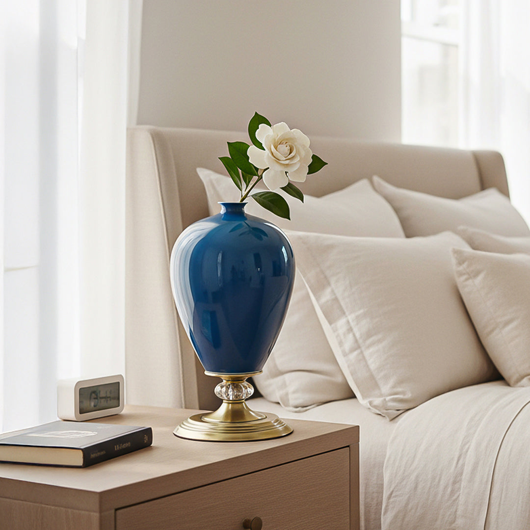 42cm Ceramic Vase with Gold Metal Base Dark Blue
