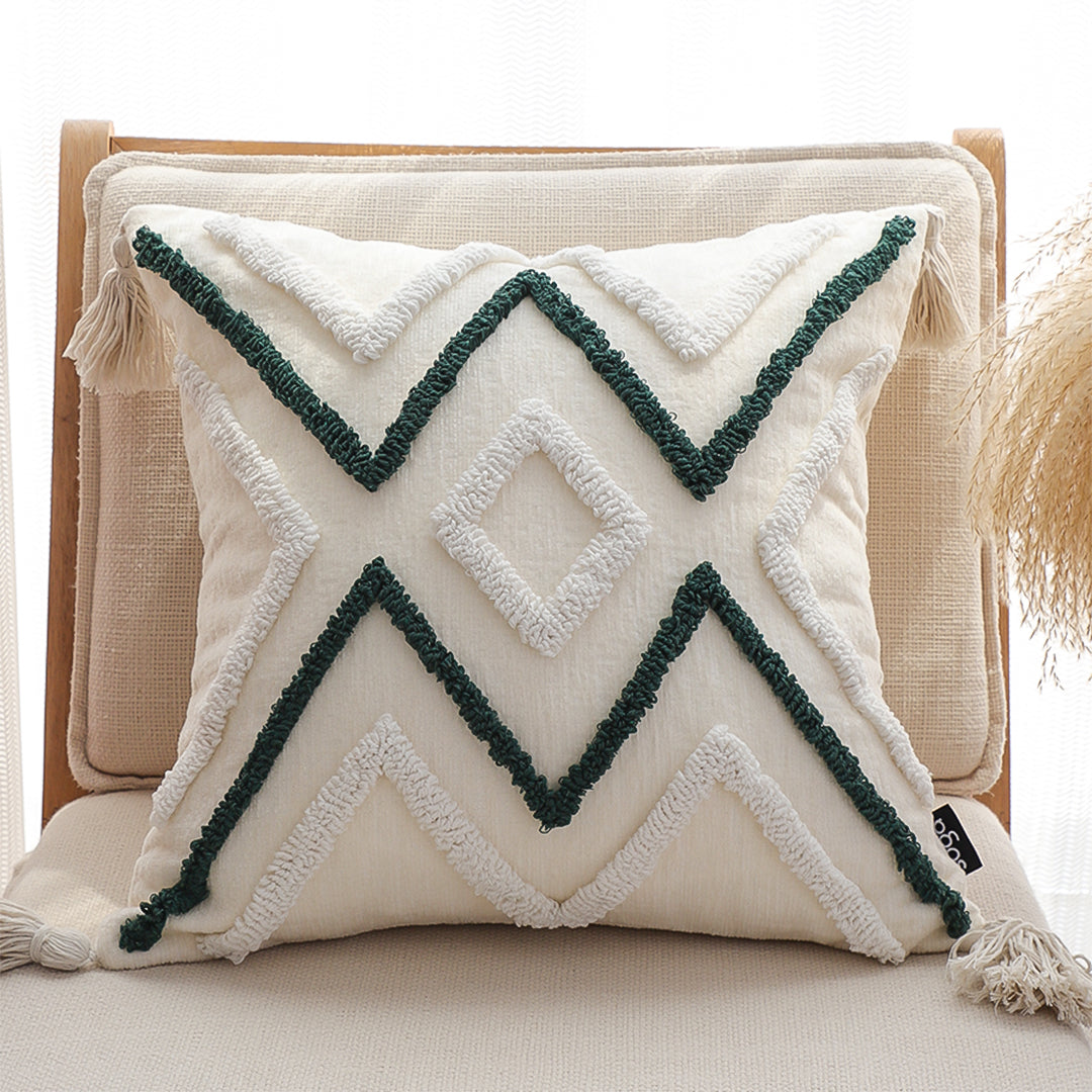 SOGA Boho Tufted Cushion 45cm Tassel Beige Green Geometric Chevron Throw Pillow
