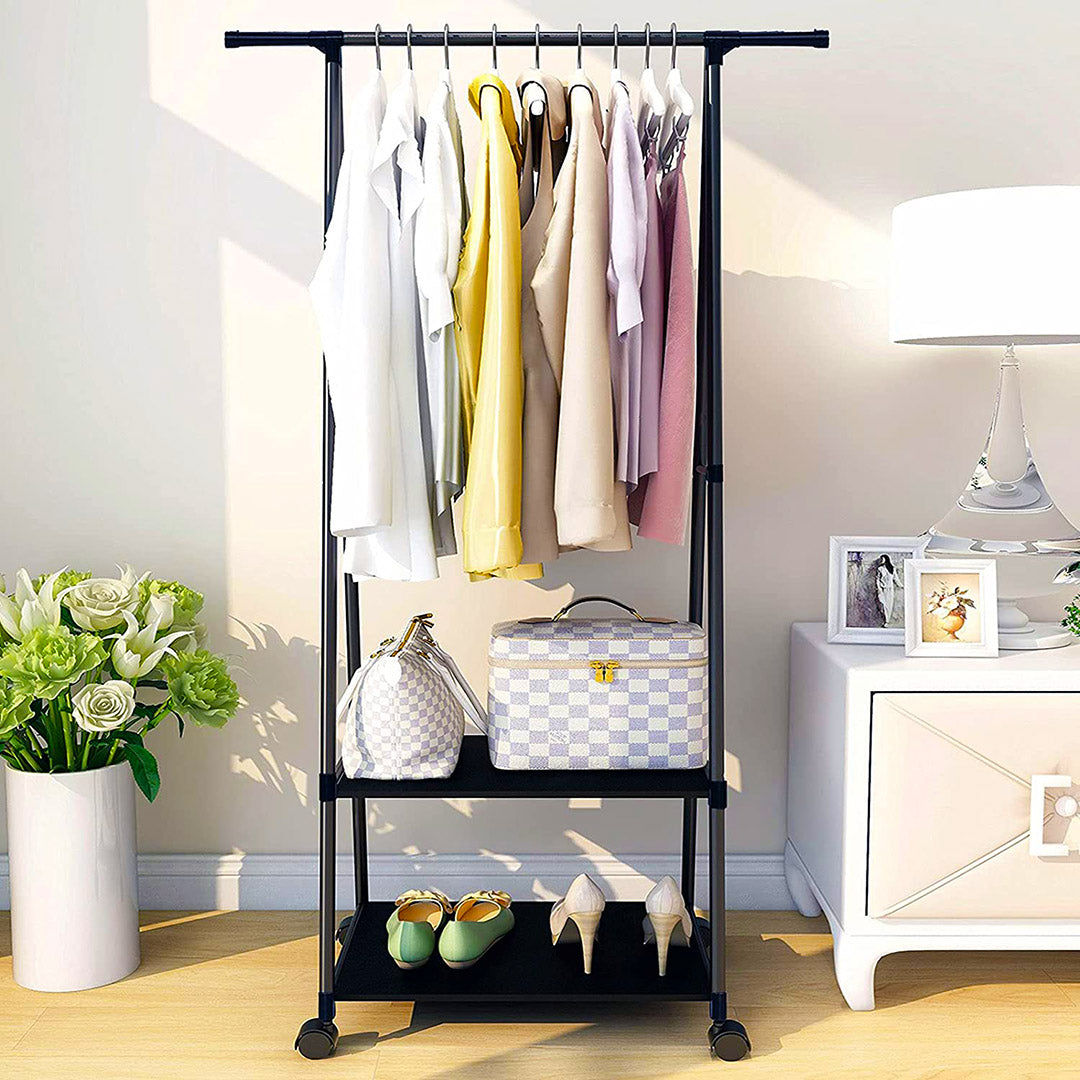 2-in-1 Organiser Clothes Shoe Rack Storage with Wheels Black