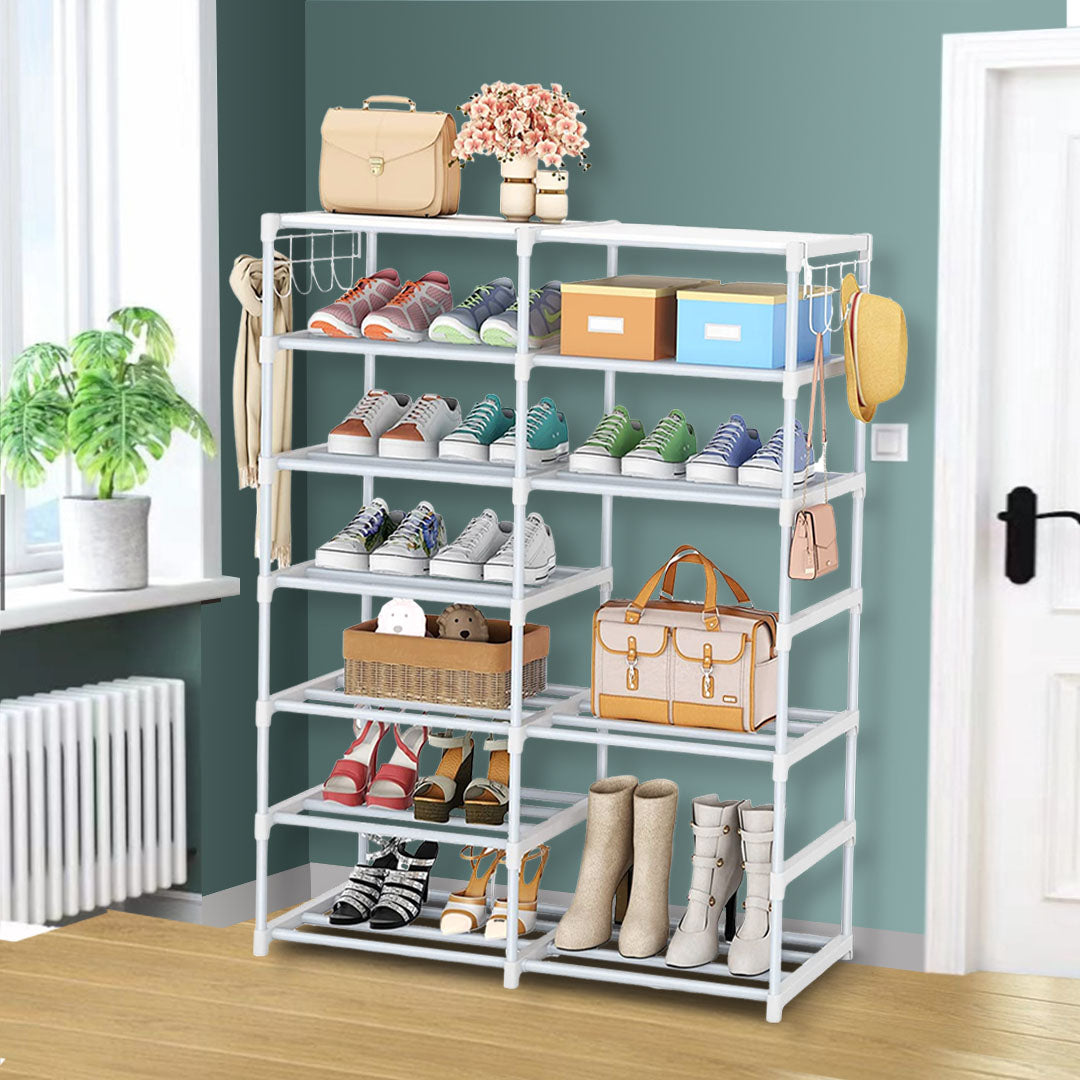 12-Shelf Tier Shoe Storage with Side Hooks White