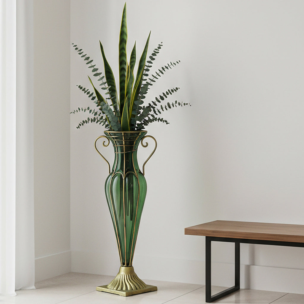 Green European Glass Flower Vase with Two Gold Metal Handle