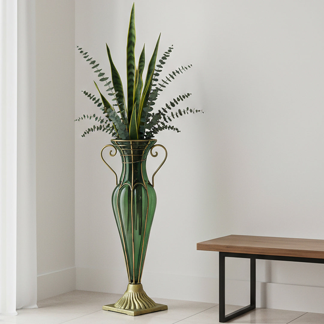 Green European Glass Flower Vase with Two Gold Metal Handle