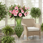 67cm Green Glass Floor Vase and 12pcs Pink Artificial Flower Set