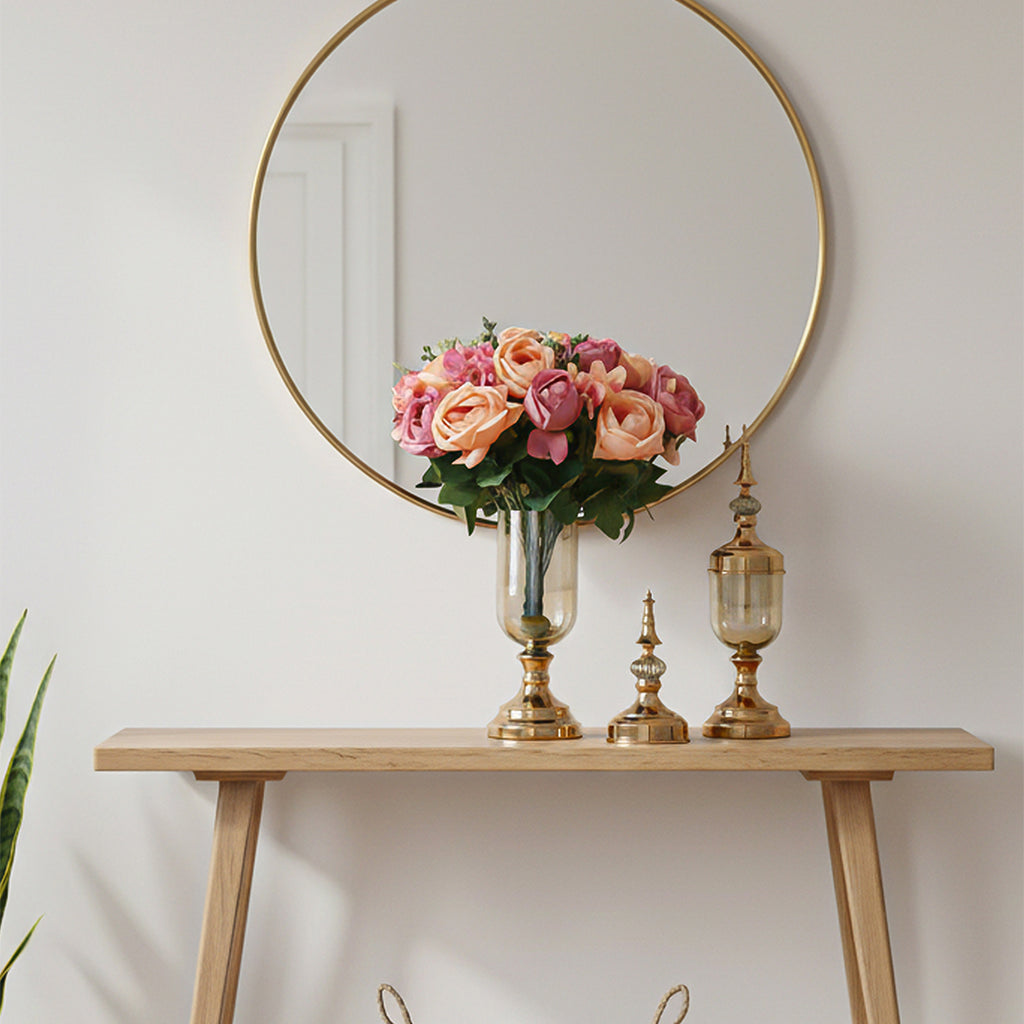 2x Clear Gold Glass Vase with Lid and Pink Flower Set