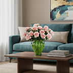 Green Glass Flower Vase with 4 Bunch 9 Heads Artificial Silk Rose Set