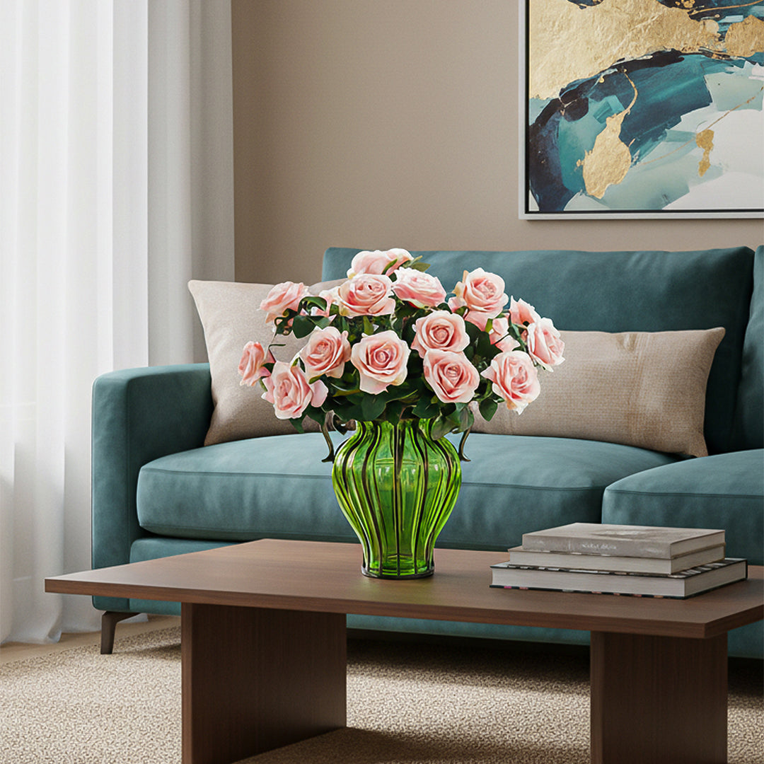 Green Glass Flower Vase with 4 Bunch 9 Heads Artificial Silk Rose Set