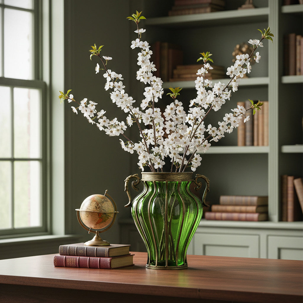 Green European Glass Flower Vase with Two Metal Handle