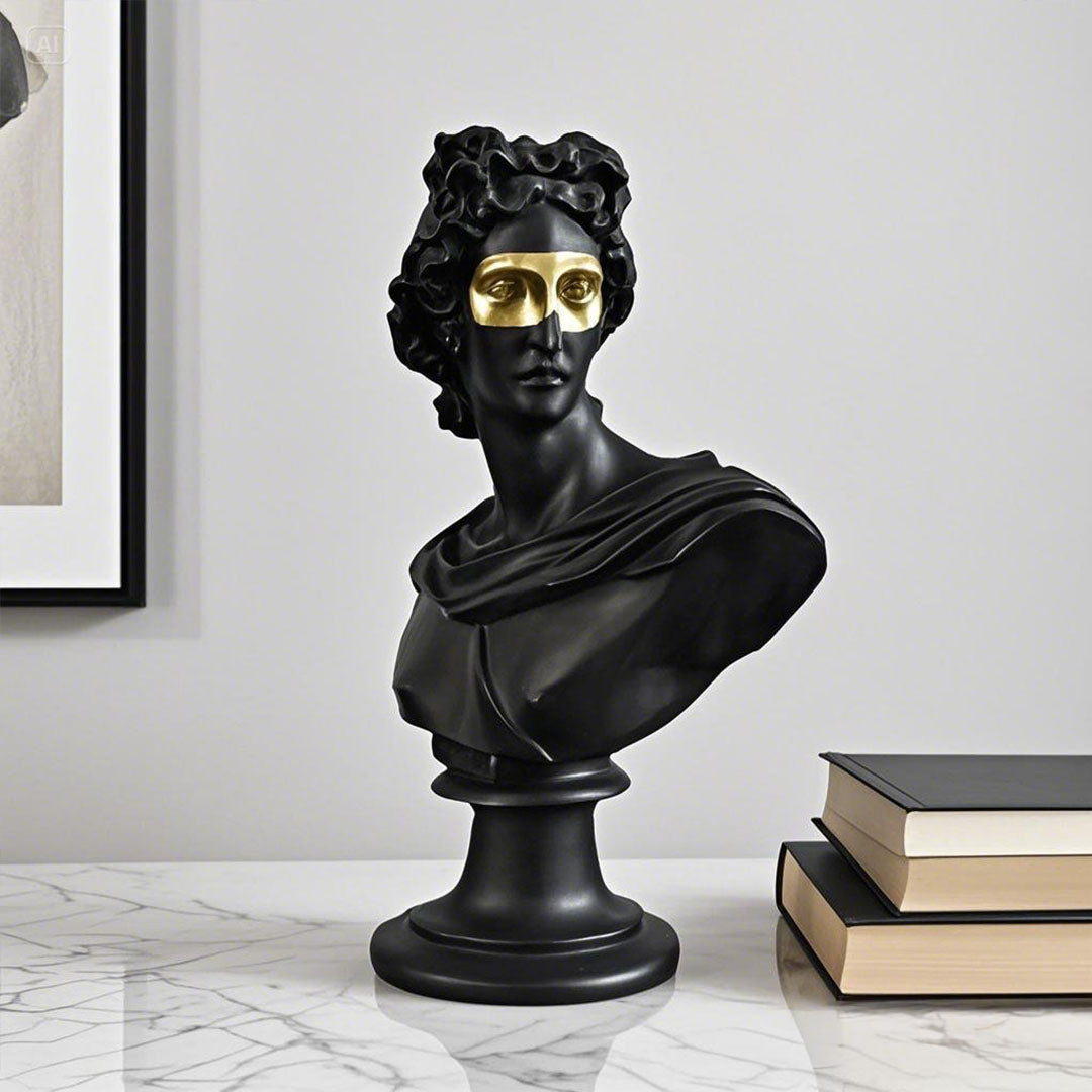 SOGA 40cm Black Classical Bust Resin Sculpture with Gold Eye Mask for Modern Home Décor