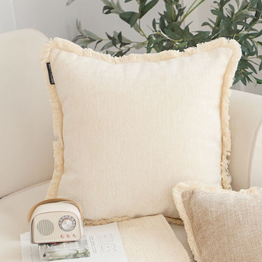 SOGA 45cm Creamy White Home Aesthetic Chenille Texture Tassel Square Throw Pillow