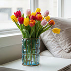 Blue European Glass Flower Vase with Gold Metal Pattern