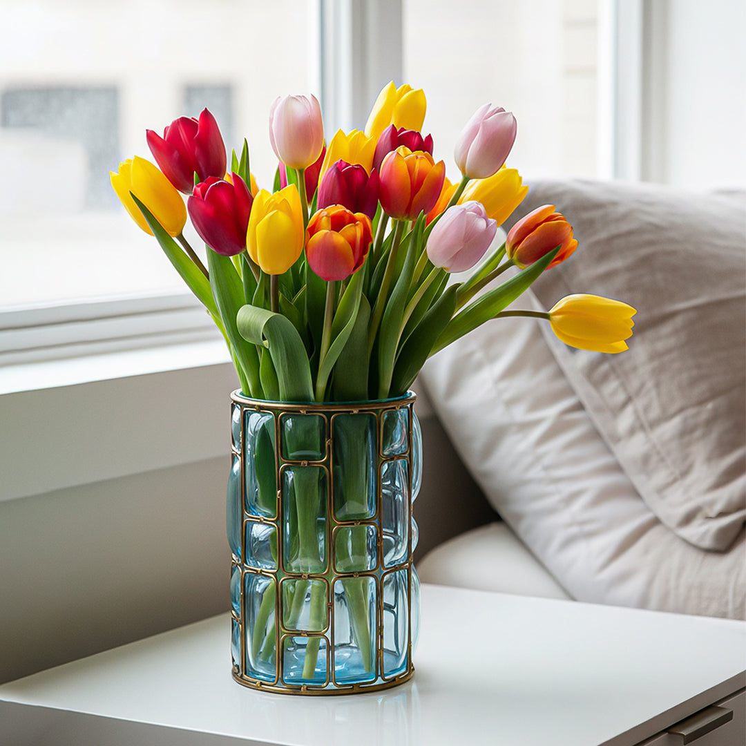 Blue European Glass Flower Vase with Gold Metal Pattern