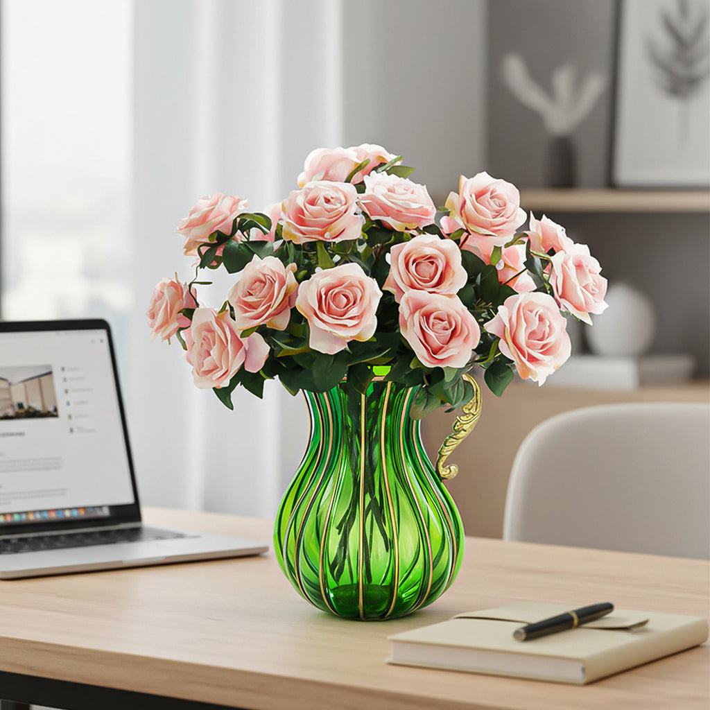 Green Glass Flower Vase with 4 Bunch 9 Heads Artificial Silk Rose Set