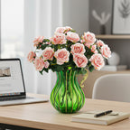 Green Glass Flower Vase with 4 Bunch 9 Heads Artificial Silk Rose Set
