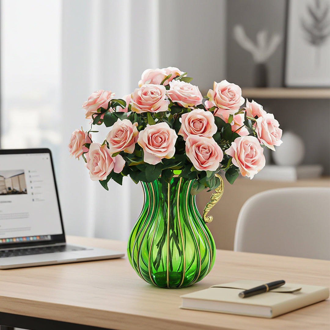 Green Glass Flower Vase with 4 Bunch 9 Heads Artificial Silk Rose Set