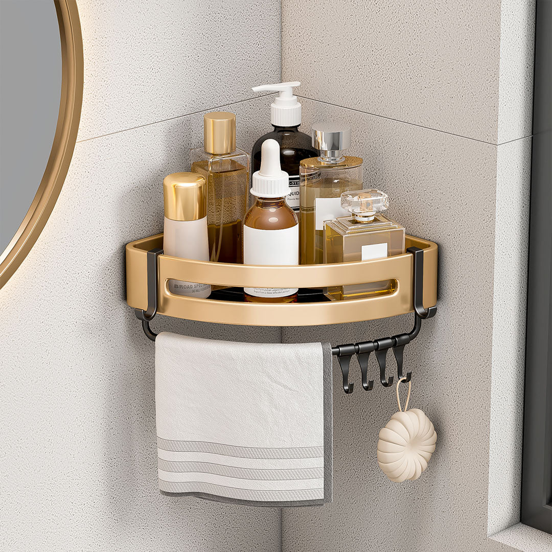 Wall-Mounted Triangular Bathroom Storage Rack with Hooks